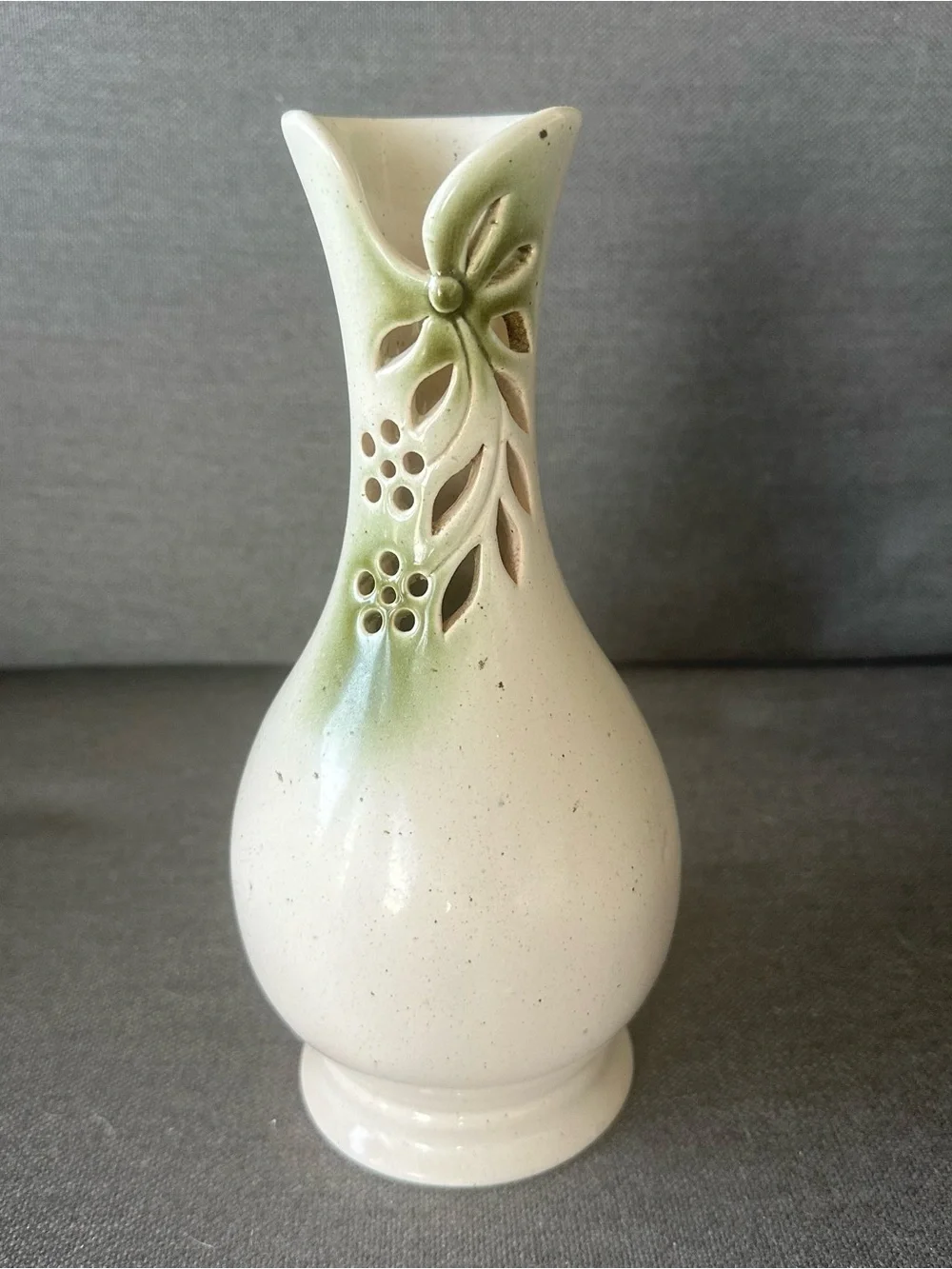 Czech Pottery Floral Cutout Cream Green Ceramic Bud Vase Farmhouse Decor